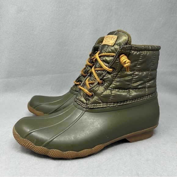 Sperry Top-Sider Saltwater Shiny Womens Sz 9 Duck Boots Quilted Olive STS80753 - Picture 1 of 12